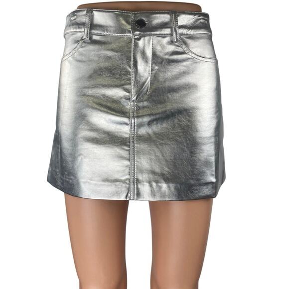 Mango Dresses & Skirts - MNG Mango Women's Silver Metallic Faux Leather Zipper Casual Mini A-Line Skirt S